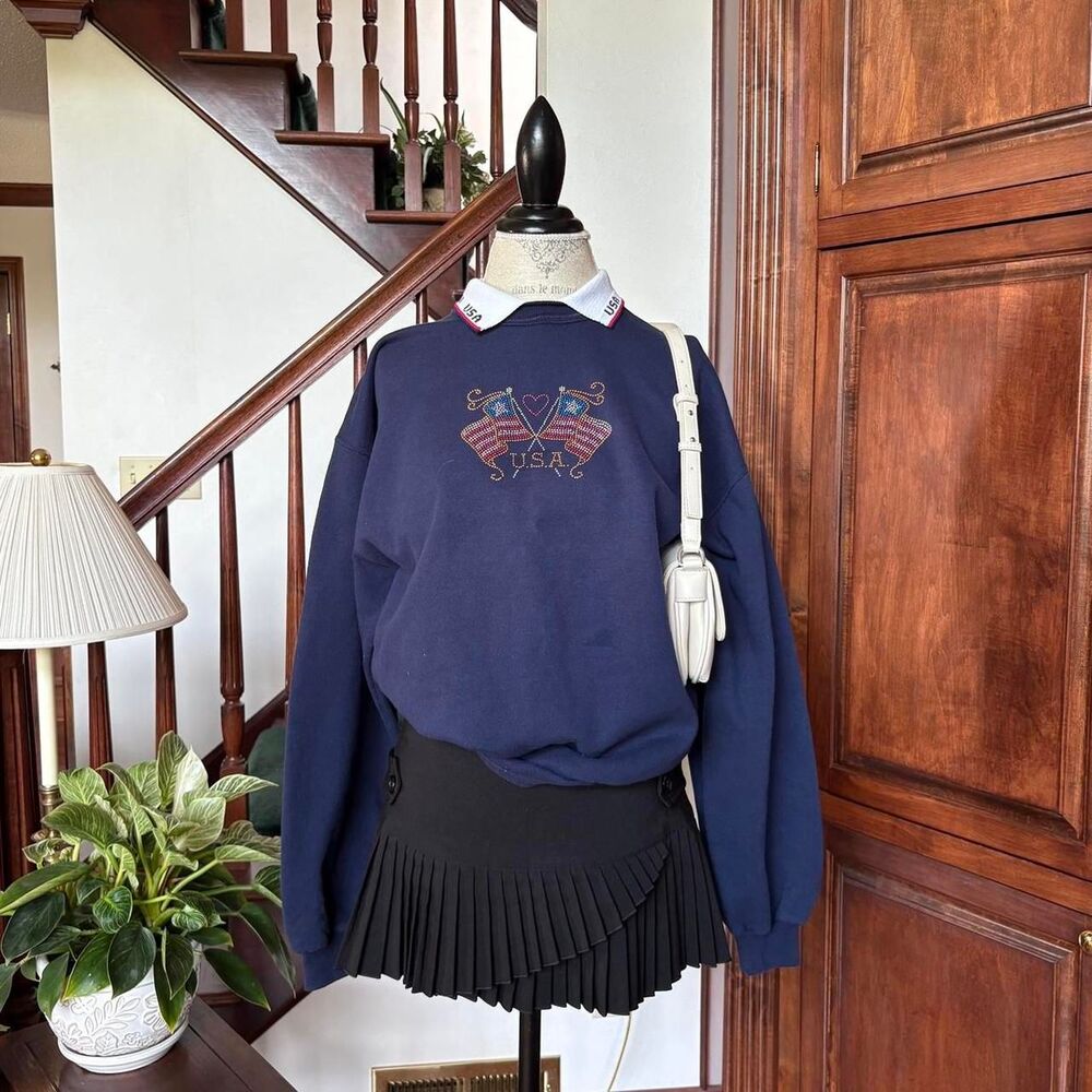 Vintage USA Flags Jerzees Navy Rhinestone Pullover Sweatshirt